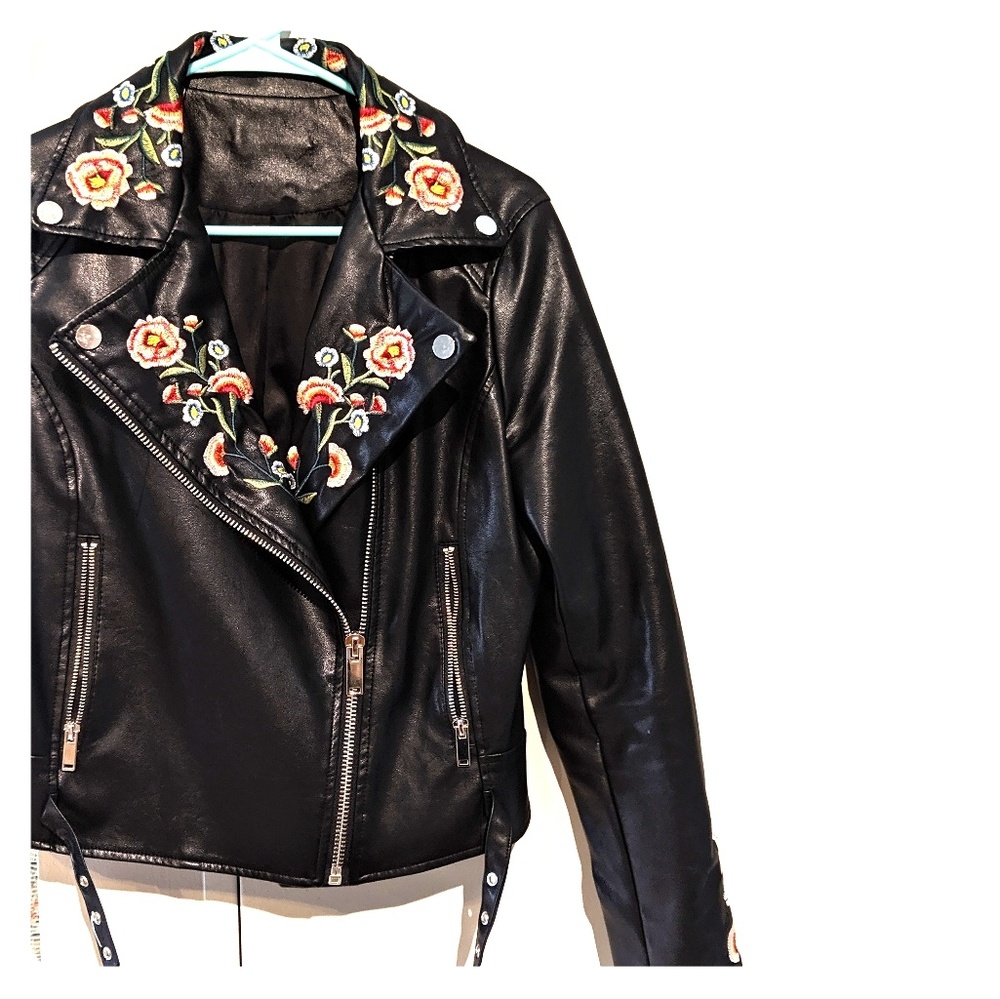 Embroidered black leatherette jacket